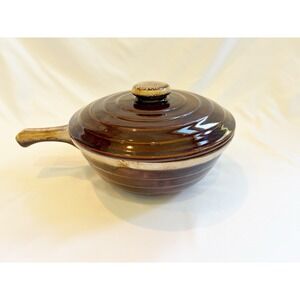Vtg Monmouth USA Stoneware Brown Ribbed Beehive Casserole Bowl Lid Handle Maple